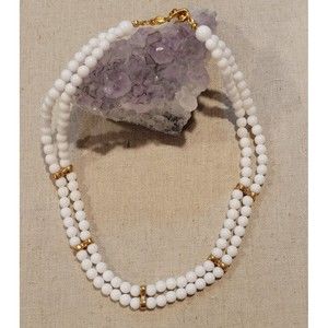 Vintage Napier Double Strand Milk Glass Necklace  w/ Gold tone Accents Signed